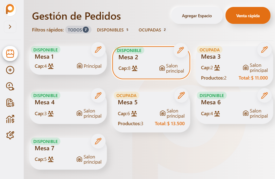 Selección de mesa en tiempo real