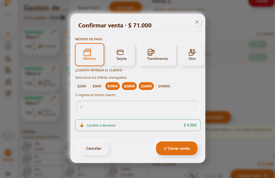 Pantalla de cobro con métodos de pago